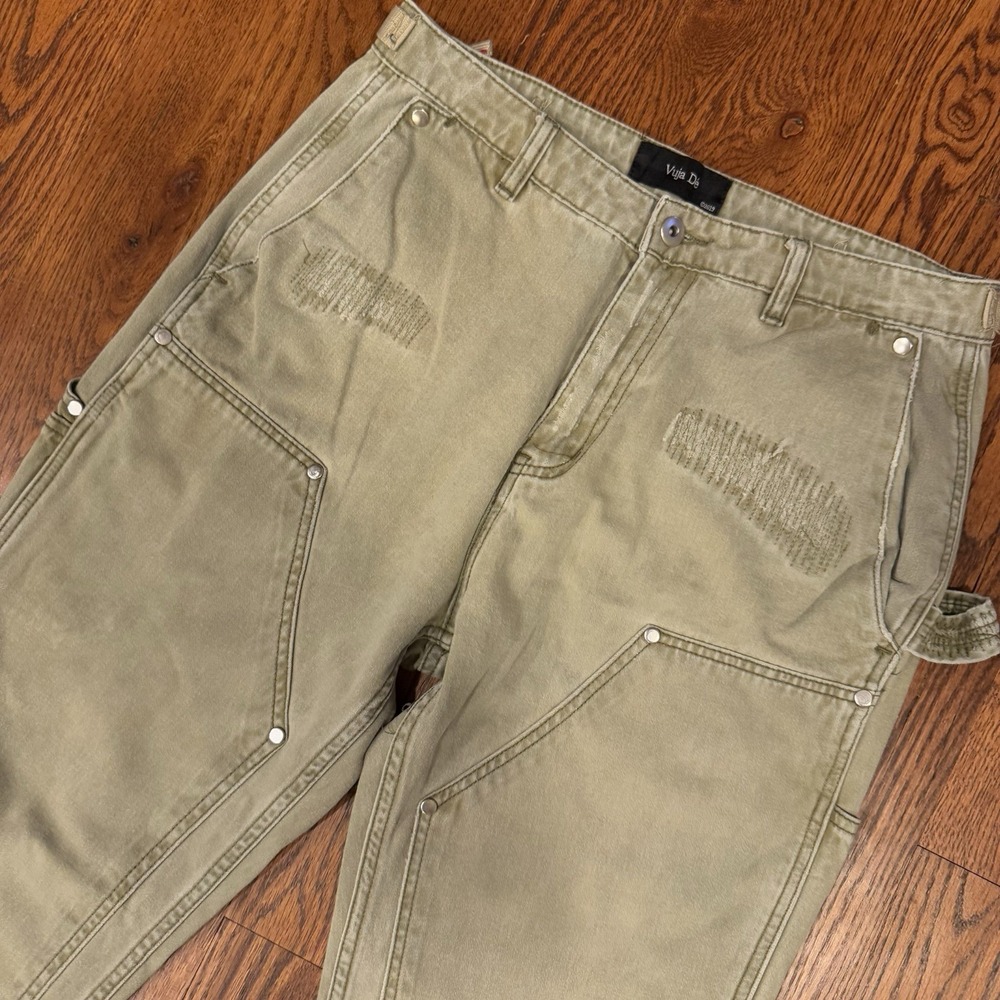 Vuja De Baggy Straight Double Knee Carpenter Pants Mens M Distressed Green Beige
